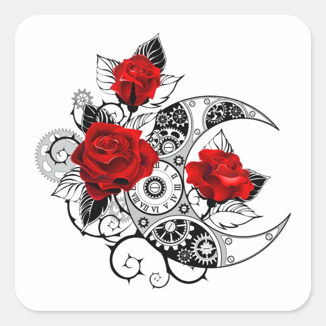 Sticker Carré Croissant mécanique avec roses rouges (Devant)