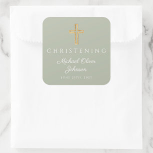 Sticker Carré Croix de bois vert sauge religieux pour baptême