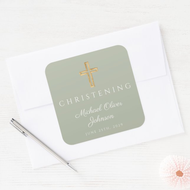 Sticker Carré Croix de bois verte Sage religieux Christening (Enveloppe)