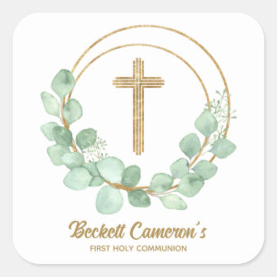 Sticker Carré Croix d'or Eucalyptus Wreath Communion
