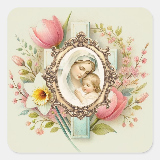 Sticker Carré Croix florale de Marie Jésus Religieux Printemps (Devant)