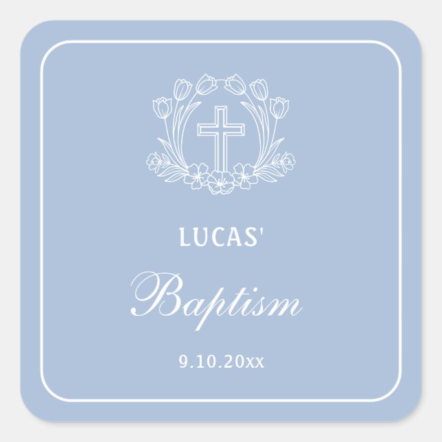 Sticker Carré Croix florale simple sur Baptême bleu clair (Devant)