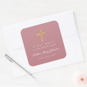 Sticker Carré Croix Religieuse Rose Élégante Fille Première Comm