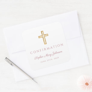 Sticker Carré Croix Religieuse Rose Moderne Garçon Confirmation
