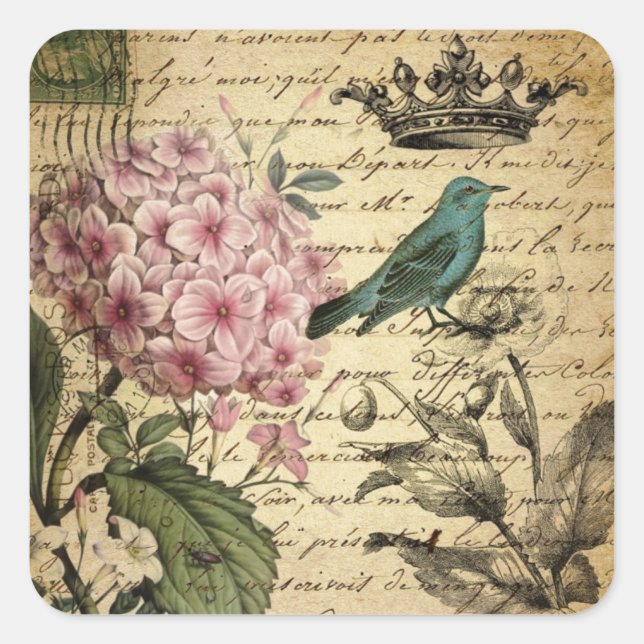 Sticker Carré cropt hydrangea bird french botanical (Devant)
