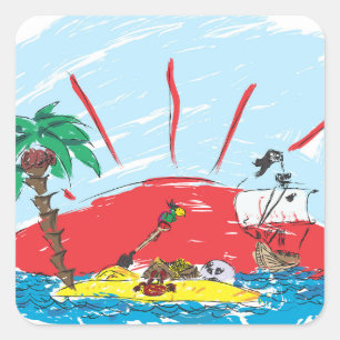 Sticker Carré croquis d'une île au trésor et d'un bateau de pira
