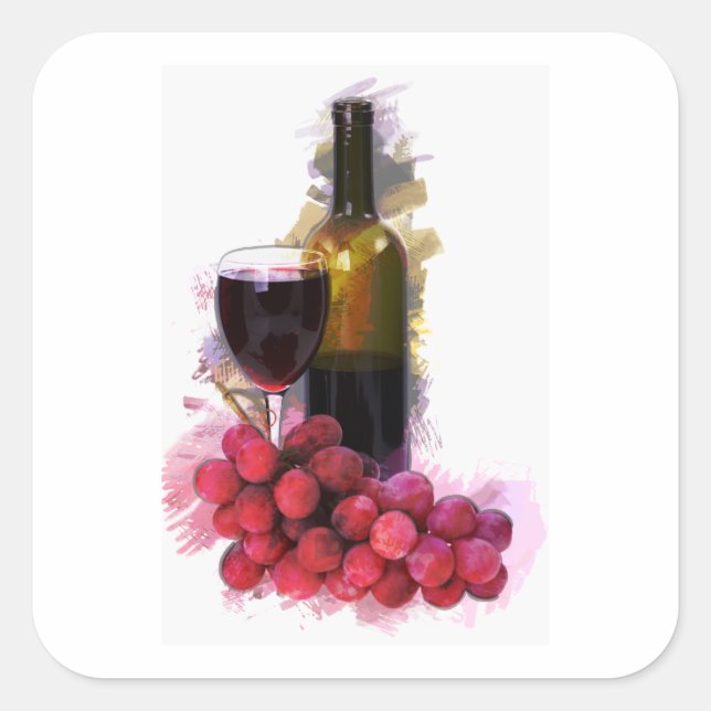 Sticker Carré Croquis Marqueur, Verre à vin, Bouteille, Raisins (Devant)