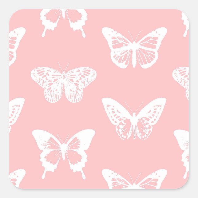 Sticker Carré Croquis papillon, rose coquille et blanc (Devant)