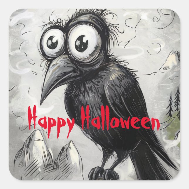 Sticker Carré Crow noir gothique et tour Halloween Éffrayant (Devant)