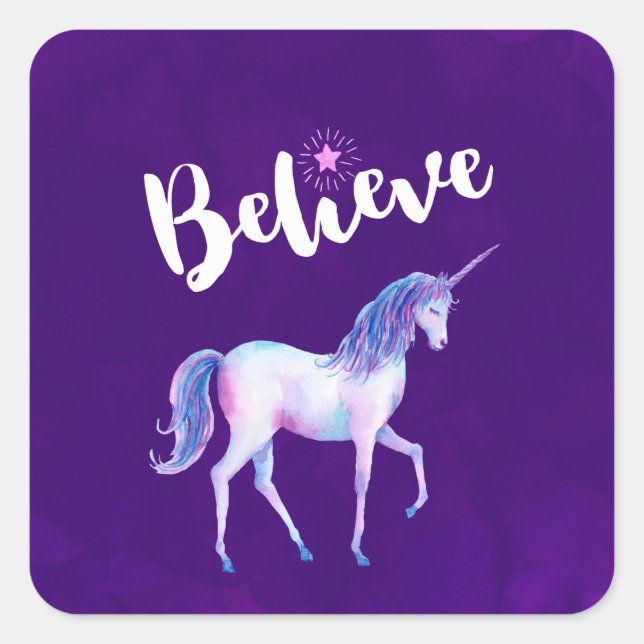 Sticker Carré Croyez avec Unicorn dans les aquarelles pastel (Devant)