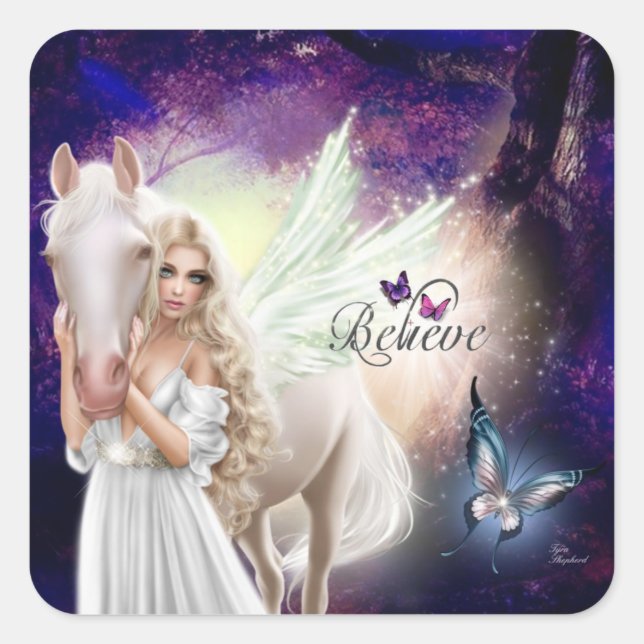 Sticker Carré Croyez Imaginaire Fairy Angel avec Cheval Blanc (Devant)