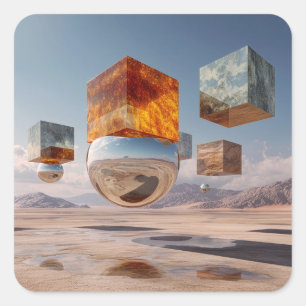 Sticker Carré Cubes flottants surréalistes et sphère réfléchissa