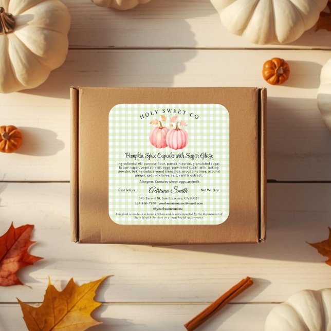 Sticker Carré Cuisine de Cottage Gingham Citrouille Rose (Pink Pumpkin and green gingham Cottage Law Bakery Sticker)