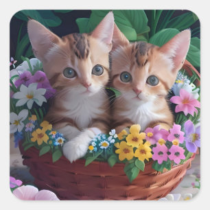 Sticker Carré Cuisinement Cute Kittens dans un panier à fleurs