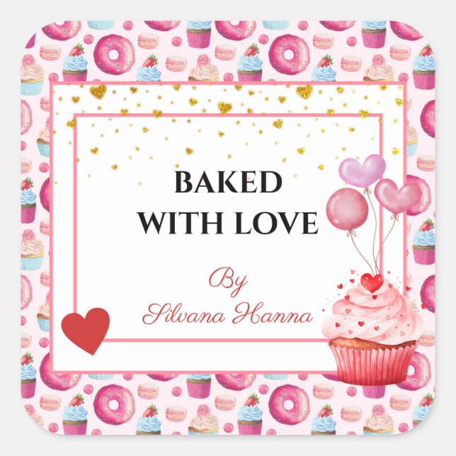 Sticker Carré Cuit avec amour - Cupcakes & Donuts mignons (Devant)