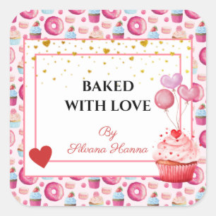Sticker Carré Cuits avec Amour - Jolies Cupcakes et Donuts
