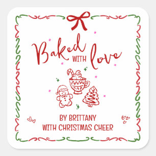 Sticker Carré Cuits Avec Amour Rouges Noël Doodles Blanches