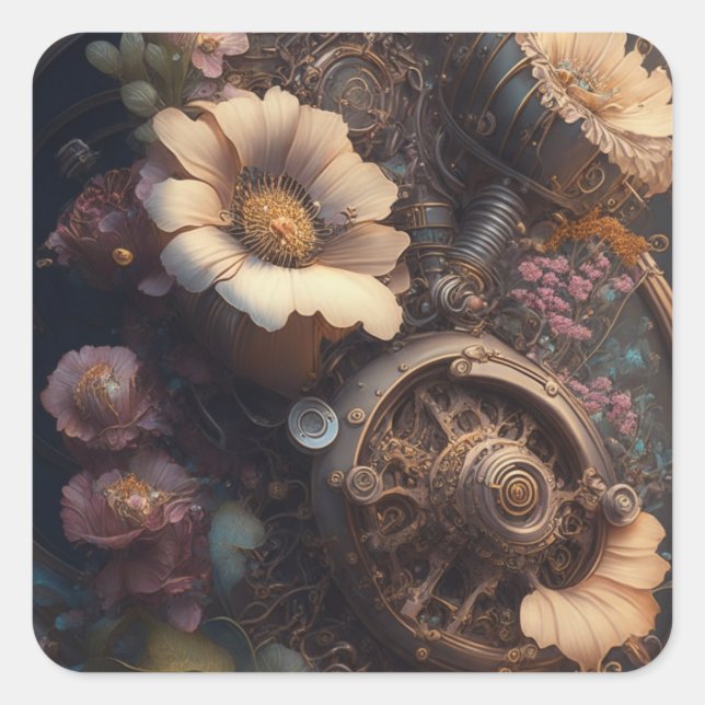Sticker Carré Cuivre Steampunk Fleurs blanches Mariage unique (Devant)
