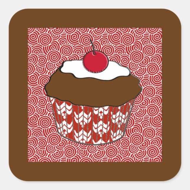 Sticker Carré Cupcake au chocolat sur Motif rouge et blanc (Devant)