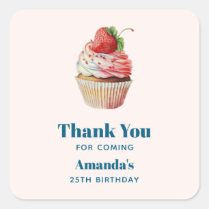Sticker Carré Cupcake de fraise sucré Merci d'anniversaire