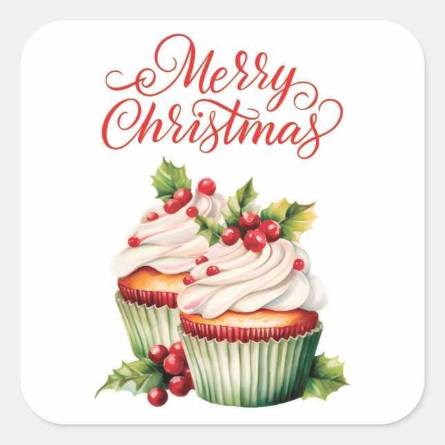 Sticker Carré Cupcake de Noël à la baie de houx (Devant)