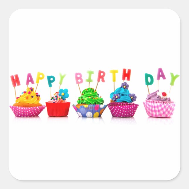 Sticker Carré Cupcakes de Joyeux Anniversaire (Devant)