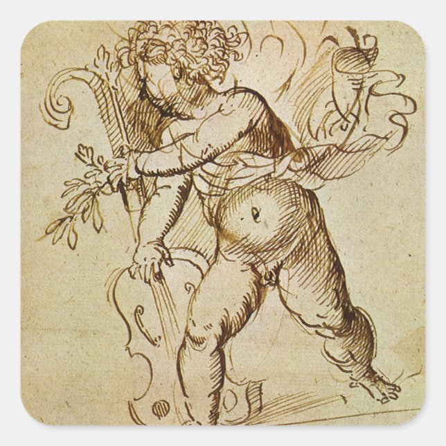 Sticker Carré Cupid avec un violon par Domenico Campagnola (Devant)