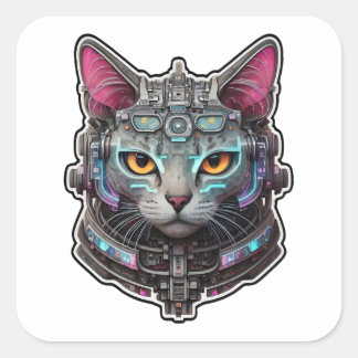 Sticker Carré Curieux Kitty dans un cyber-casque