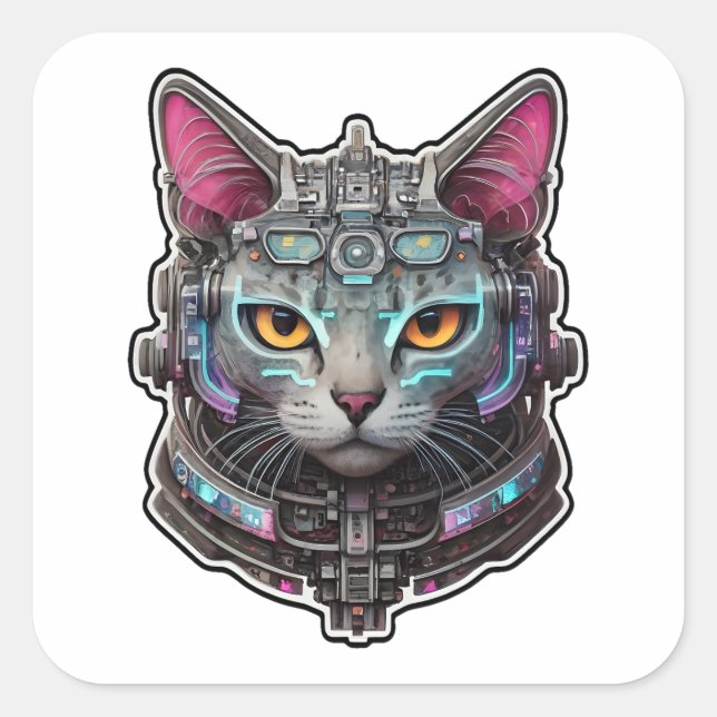 Sticker Carré Curieux Kitty dans un cyber-casque (Devant)