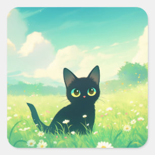 Sticker Carré Curiosité du chat noir dans la prairie