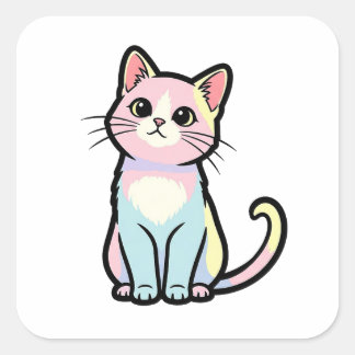 Sticker Carré Curious Cat – Cute Kawaii Animal Illustration