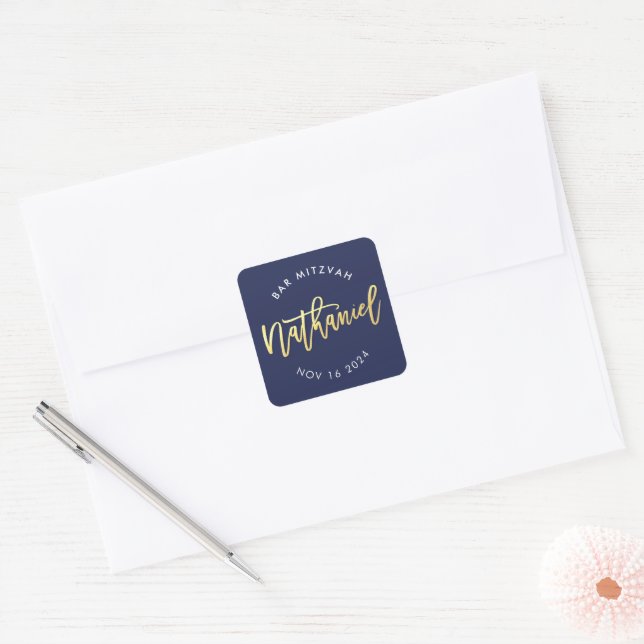 Sticker Carré CUSTOM Bar Mitzvah pour marine + or Nathaniel (Enveloppe)