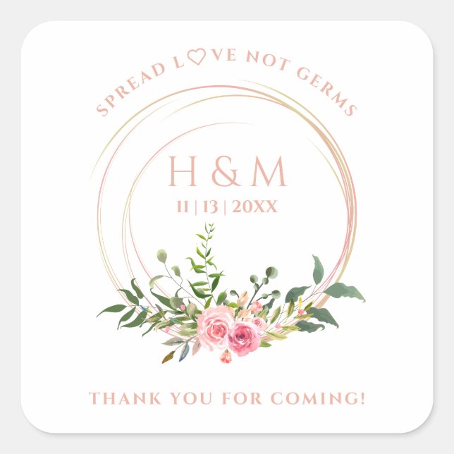 Sticker Carré Custom Botanical Wreath in Pink Wedding Sanitizer (Devant)