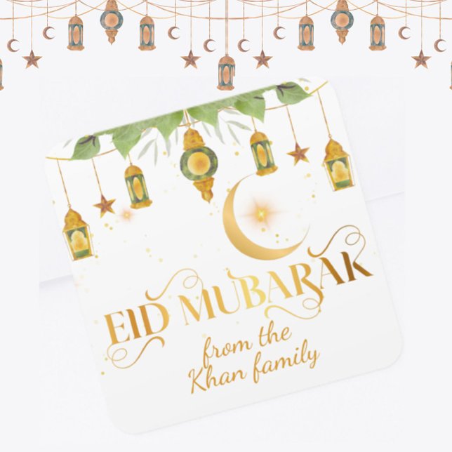 Sticker Carré Custom "Eid Mubarak" White Gold Lanterns + Moon (Spread the joy of the blessed season with these elegant custom Eid Mubarak stickers in white + gold!)