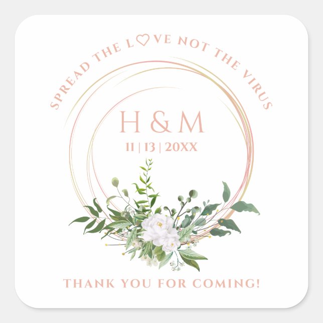 Sticker Carré Custom Floral Garland White Pink Wedding Sanitizer (Devant)