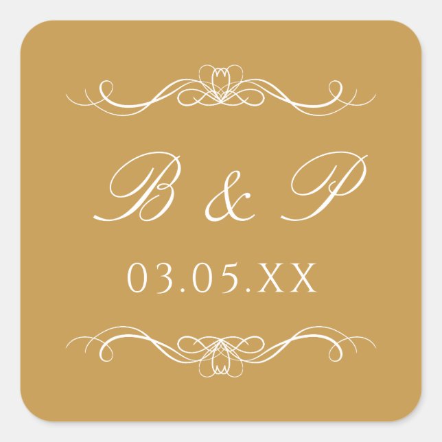 Sticker Carré Custom Monogram Modern Elegant Gold Swirl Wedding (Devant)