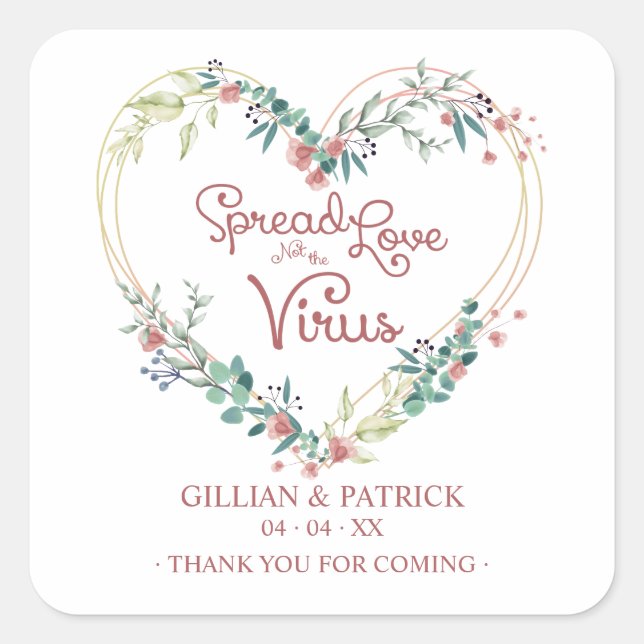 Sticker Carré Custom Pink Floral Heart Wedding Sanitizer Gel (Devant)