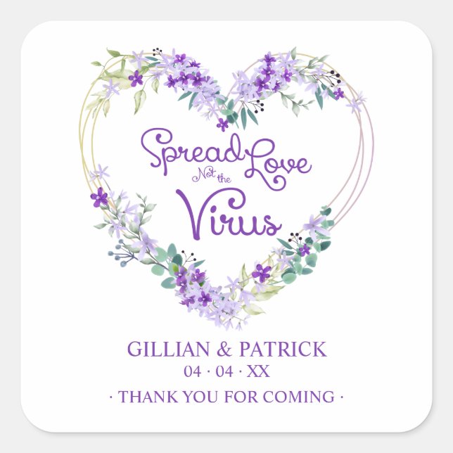 Sticker Carré Custom Purple Floral Heart Wedding Sanitizer Gel (Devant)