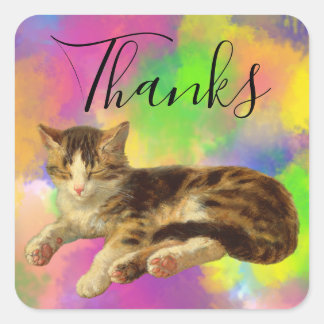 Sticker Carré Cute Adorable Kitty Cat Thank You Abstract Rainbow