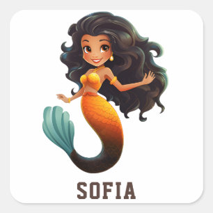 Sticker Carré Cute African Mermaid Girl - Custom Name Afro Kids