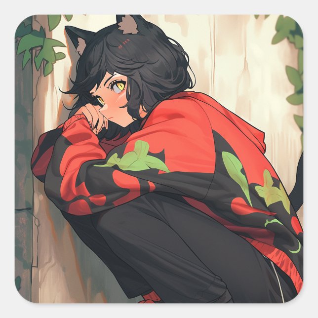 Sticker Carré Cute Anime Catgirl (Devant)