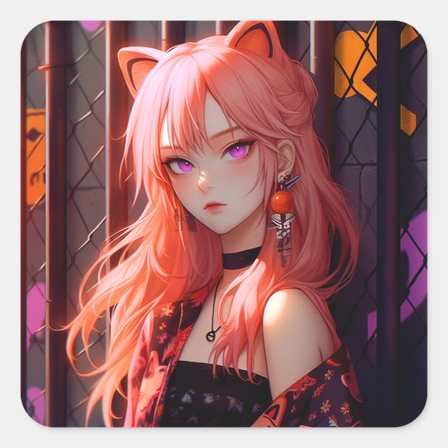 Sticker Carré Cute Anime Catgirl (Devant)