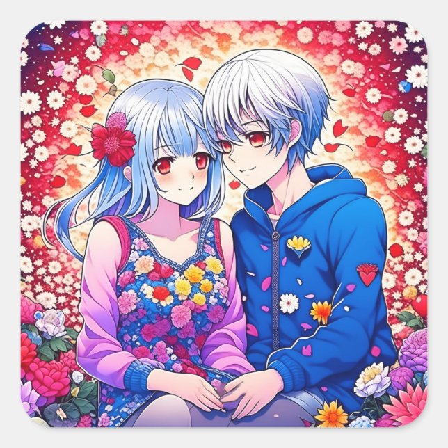Sticker Carré Cute Anime Couple entouré de Fleurs et Coeur (Devant)