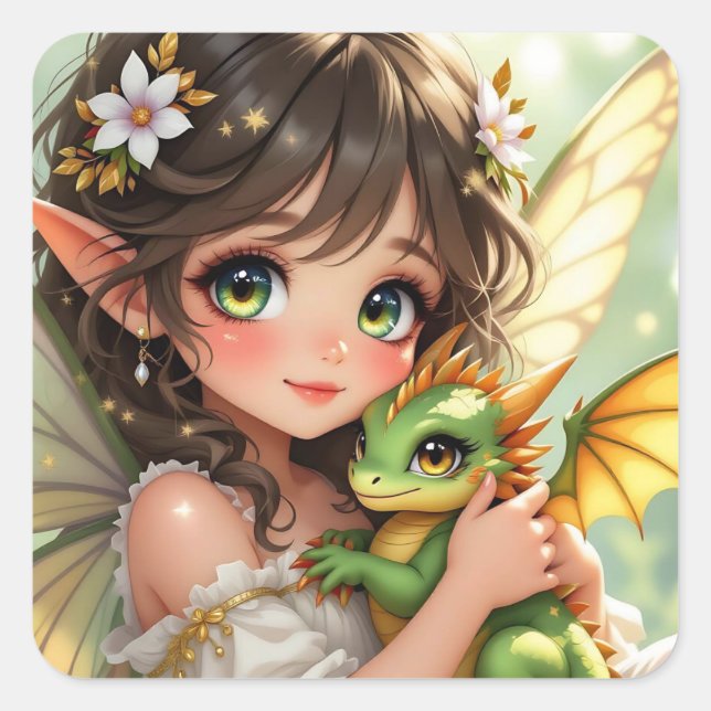 Sticker Carré Cute Anime Fairy and Chibi Dragon  (Devant)