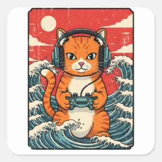 Sticker Carré Cute Anime Gamer Cat Japanese Gaming Retro