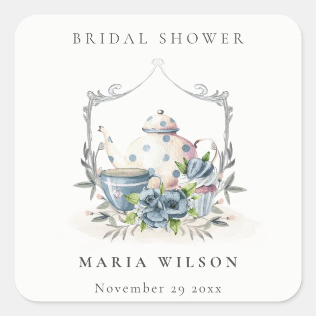 Sticker Carré Cute Aqua Blue Floral Teapot Crest Fête des mariée (Devant)