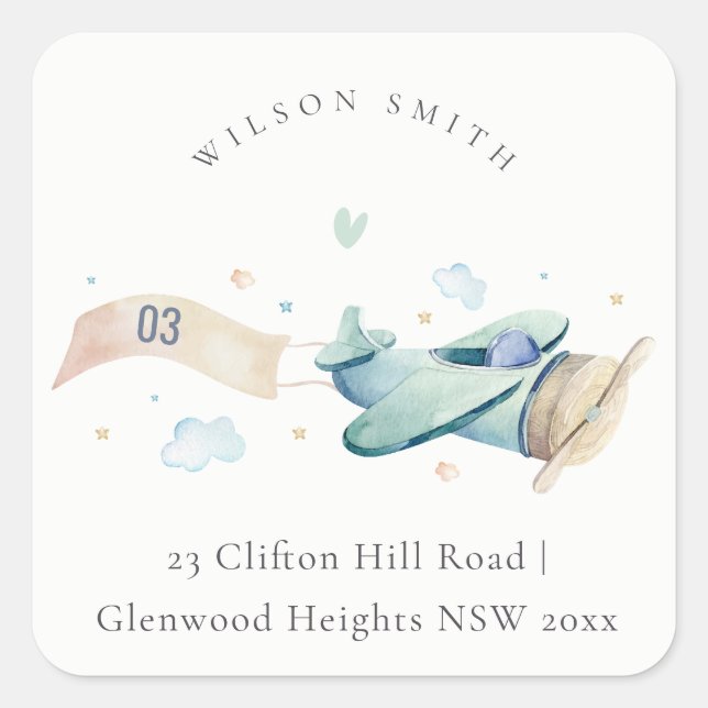 Sticker Carré Cute Aqua Green Blue Plane Cloud Heart Adresse (Devant)