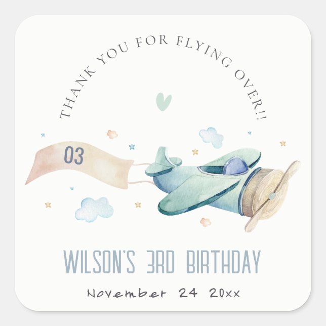 Sticker Carré Cute Aqua Green Blue Plane Nuage Coeur Anniversair (Devant)