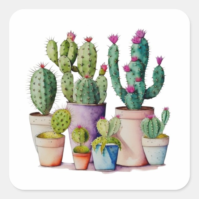 Sticker Carré Cute aquarelle cactus succulents dans les pots (Devant)