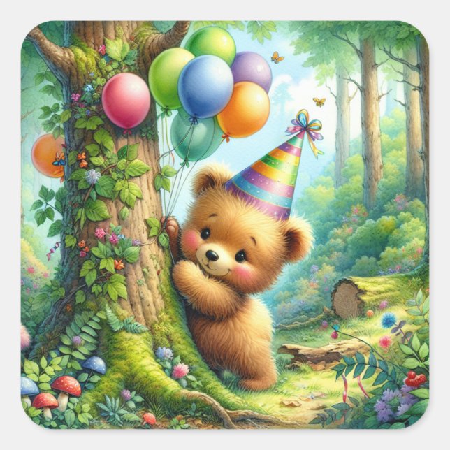 Sticker Carré Cute Aquarelle Cartoon Bébé Ours Bébé Anniversaire (Devant)